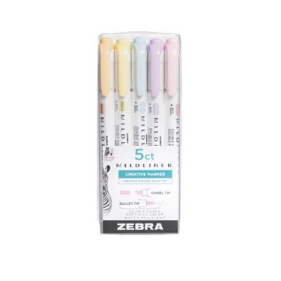 Szövegkiemelő készlet, 1,4/4 mm, kétvégű, ZEBRA "Mildliner Highlighter Gentle", 5 különböző szín